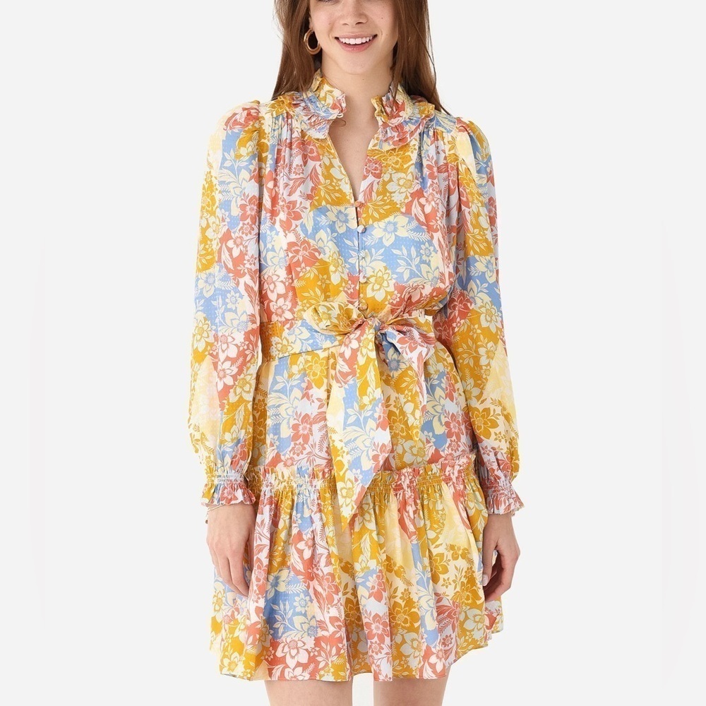Hunter Bell Blakely Long Sleeve Silk Dress in Colorful Flower Patchwork, Medium